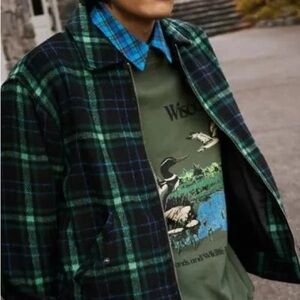 Urban Outfitters Men's UO plaid brushed zip jacket coat L green blue